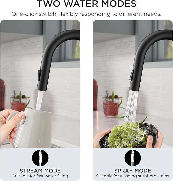FORIOUS Black Bar Sink Faucet for Kitchen Sink, Modern Single Handle Kitchen Faucet with Pull Down Sprayer, Stainless Steel High Arc with Deck Plate for 1 or 3 Hole, Suitable for Bathroom RV Camper