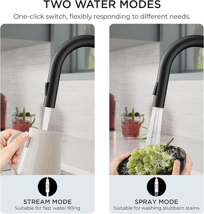 FORIOUS Black Bar Sink Faucet for Kitchen Sink, Modern Single Handle Kitchen Faucet with Pull Down Sprayer, Stainless Steel High Arc with Deck Plate for 1 or 3 Hole, Suitable for Bathroom RV Camper