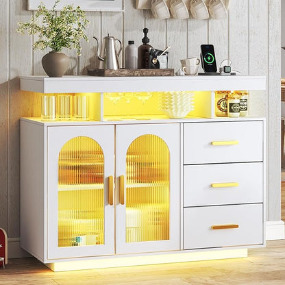 HNEBC LED Sideboard Buffet with Charging Station, Smart Bar Cabinet with Auto RGB Lighted, Coffee Bar with 3 Drawers/Adjustable Shelf for Living Room, Dining Room,Home Storage (White)