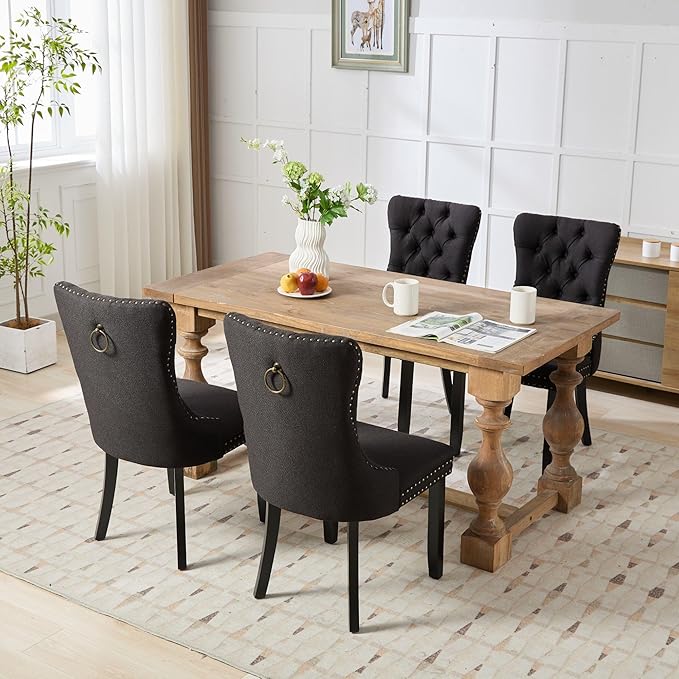 Ball & Cast Contemporary Upholstered Dining Chairs Set of 2, Flax Button Tufted Kitchen Side-Chairs with Hang Ring & Nailhead Trims & Wood Legs, 2-Piece Backrest Traditional Chair, Black+Black