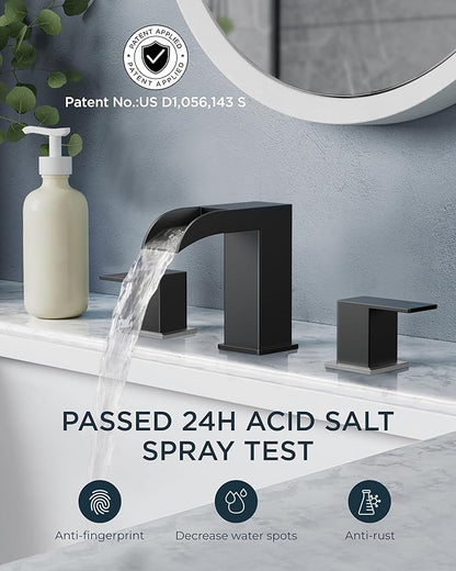 FORIOUS Square Black and Brushed Nickel Bathroom Faucets 3 Hole, Waterfall 8 Inch Widespread Bathroom Sink Faucet with Metal Pop-up Drain and Supply Lines, Two Handles for Vanity, Laundry Room, Basin