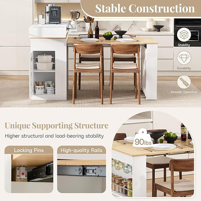 Extendable Dining Table with Folding Tabletop, Bar Table with Drawers and Power Outlet, Kitchen Island with Wheels and Hooks for Kitchen, Dining Room, Creamy White+Natural