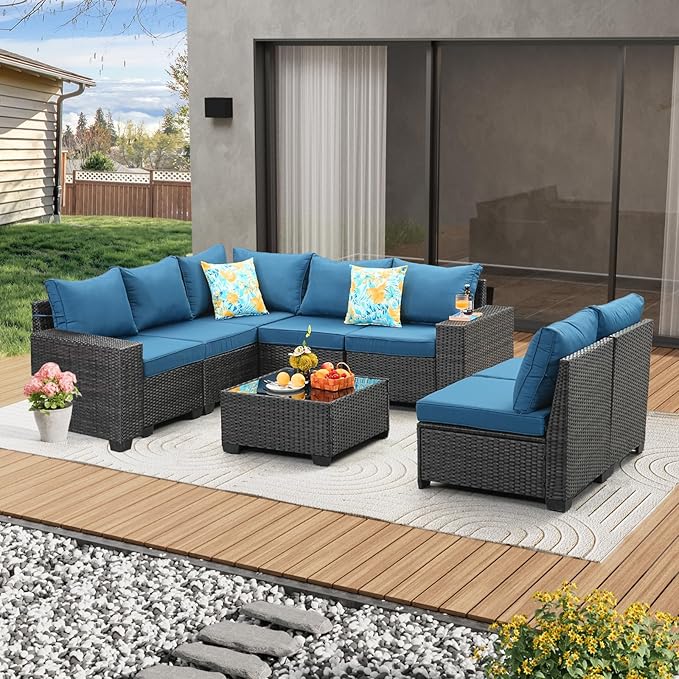 JOYURE 8 Pieces Patio Furniture Set All-Weather Outdoor Wicker Sectional Conversation Sofa Rattan Patio Seating Sofa with Cushion and Glass Table for Porch Poolside,Peacock Blue