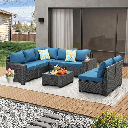 JOYURE 8 Pieces Patio Furniture Set All-Weather Outdoor Wicker Sectional Conversation Sofa Rattan Patio Seating Sofa with Cushion and Glass Table for Porch Poolside,Peacock Blue