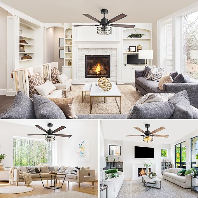 Consciot Boho Ceiling Fans with Lights Remote 52 Inch, Farmhouse Caged Ceiling Fan, 5 Double Finish Wood Blades, Reversible DC Motor, Rustic Ceiling Fan for Living Rooms, Bedrooms, Porch, Boho Decor