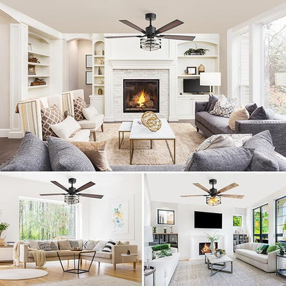 Consciot Boho Ceiling Fans with Lights Remote 52 Inch, Farmhouse Caged Ceiling Fan, 5 Double Finish Wood Blades, Reversible DC Motor, Rustic Ceiling Fan for Living Rooms, Bedrooms, Porch, Boho Decor