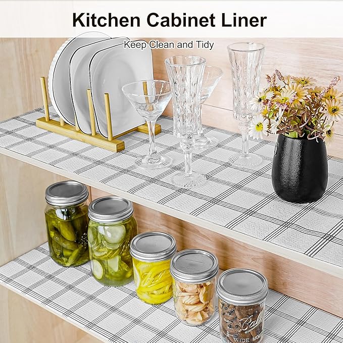 Drawer and Shelf Liner for Kitchen Cabinet,Non-Adhesive Cabinet Liner 24in x 30FT,Waterproof Shelf Paper Non-Slip Mats Cupboard Liner Contact Protect Dresser/Shelves/Table-White Stripes