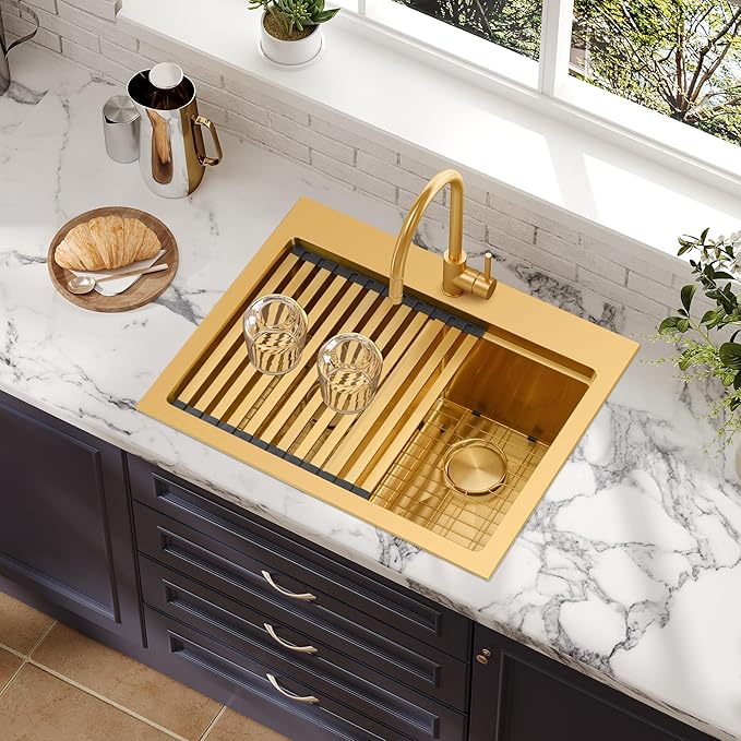 MILOSEN 28 Inch Gold Double Bowl Kitchen Sink, Gold Drop in 16 Gauge T304 Stainless Steel Sinks, Workstation Sink 50/50 Topmount Double Basin with Accessories, 10'' Deep Laundry Outdoor Sinks