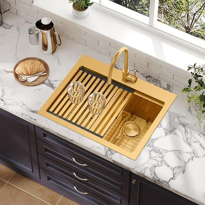 MILOSEN 26 Inch Gold Double Bowl Kitchen Sink, Gold Drop in 16 Gauge T304 Stainless Steel Sinks, Workstation Sink 50/50 Topmount Double Basin with Accessories, 10'' Deep Laundry Outdoor Sinks