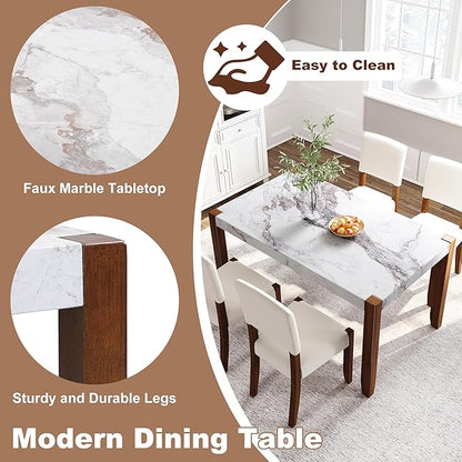 VilroCaz Modern 5-Piece Dining Table Set, 46" Faux Marble Style Table and 4 Upholstered Chairs with Solid Wood Legs, Kitchen Dining Room Set for 4, Space-Saving Dinette (Off White-5P)