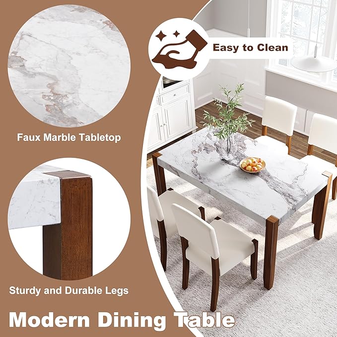 Merax Modern 5 Piece Dining Table Set for 4,Faux Marble Style Kitchen Table Set with One Rectangle Table and 4 Dining Chairs for Dining Room Table Set for Small Place