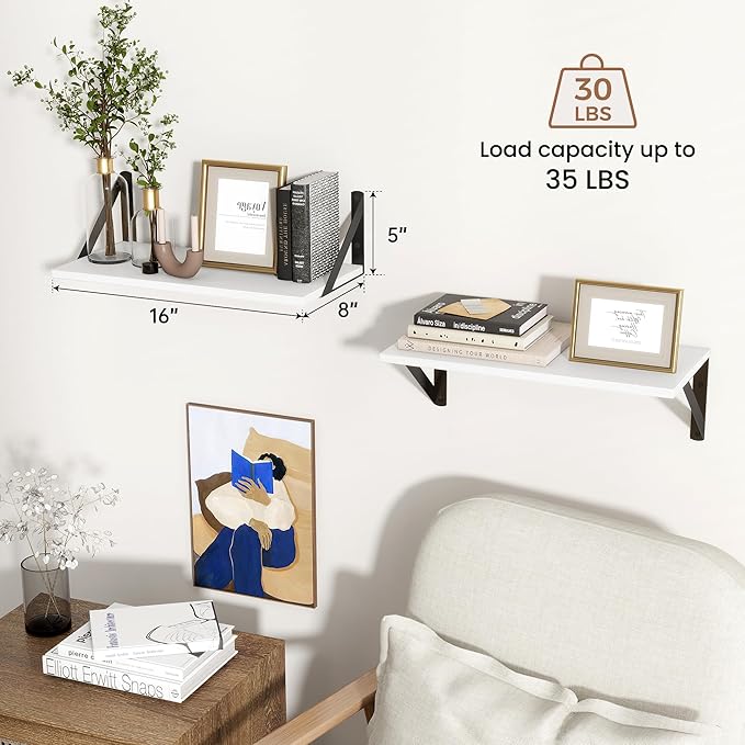 Axeman White Floating Shelves for Wall, 8 Inch Deep Wall Shelves Set of 2, 16''W x 8''D White Wood Shelves for Bookshelf Living Room Bedroom Home Office Bathroom