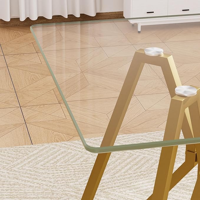 SSLine 47.3" Rectangle Glass Dining Table for 4 Modern Clear Glass Tabletop Kitchen Table for 4 Luxury Dinner Tables with Gold Nest Metal Base for Home Kitchen Dining Room(Table Only)