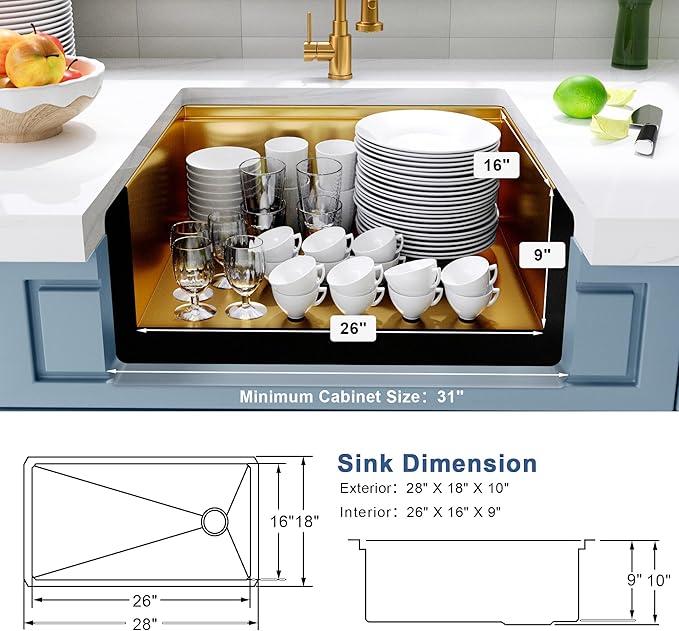 Gold Undermount Kitchen Sink 28 inch,Single Bowl Undermount Sink 16 gauge Stainless Steel,Workstation Kitchen Sinks with Gold Accessories (28" X 18")