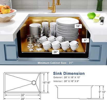 Gold Undermount Kitchen Sink 28 inch,Single Bowl Undermount Sink 16 gauge Stainless Steel,Workstation Kitchen Sinks with Gold Accessories (28" X 18")