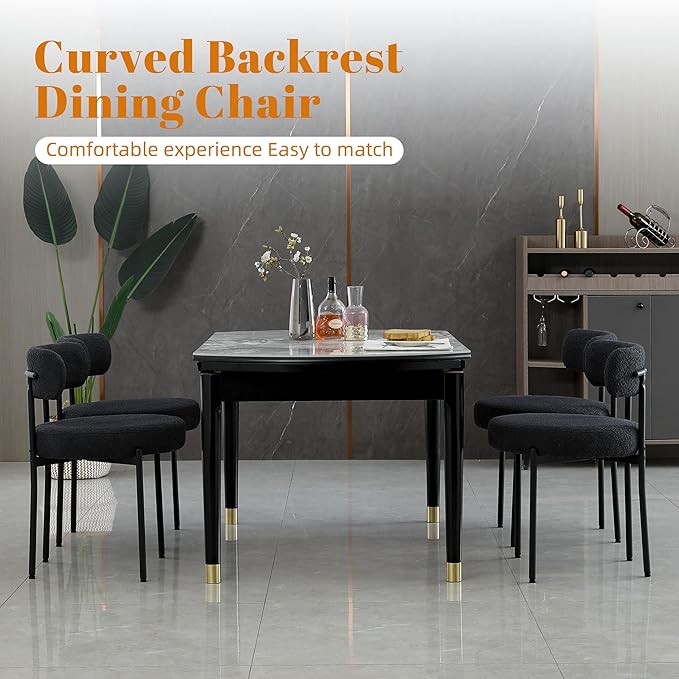 DYHOME Black Dining Chair One Chair for Kitchen Dining Room,Upholstered Boucle Dining Chair with Black Metal Legs,Curved Backrest Modern Dining Room Chair