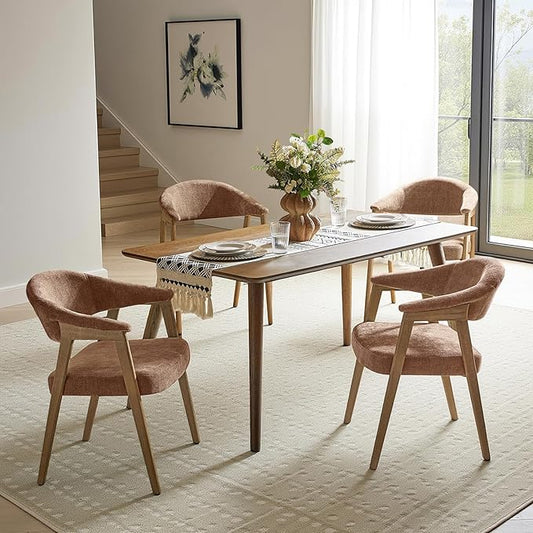 HULALA HOME Dining Chairs Set of 4, Mid-Century Modern Upholstered Dining Room Chair with Armrest, Curved Backtrst & Solid Wood Legs, Kitchen Side Chairs for Resurant, Living Room - Rust