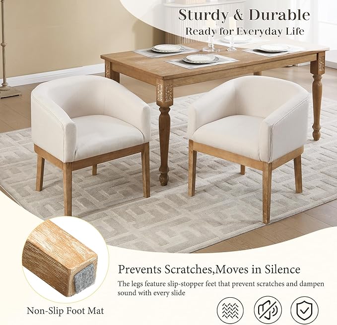 Barrel Dining Chairs Set of 2, Mid Century Modern Farmhouse Kitchen Chairs with Wood Legs, Linen Upholstered Accent Chair with Arms for Living Room/Bedroom, Beige