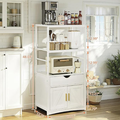 VECELO 2-Tier Kitchen Pantry Storage Cabinet with Charging Station, Freestanding Tall Cupboard with Wider and Taller Microwave Space, Farmhouse Style with Shelves and Drawer,White
