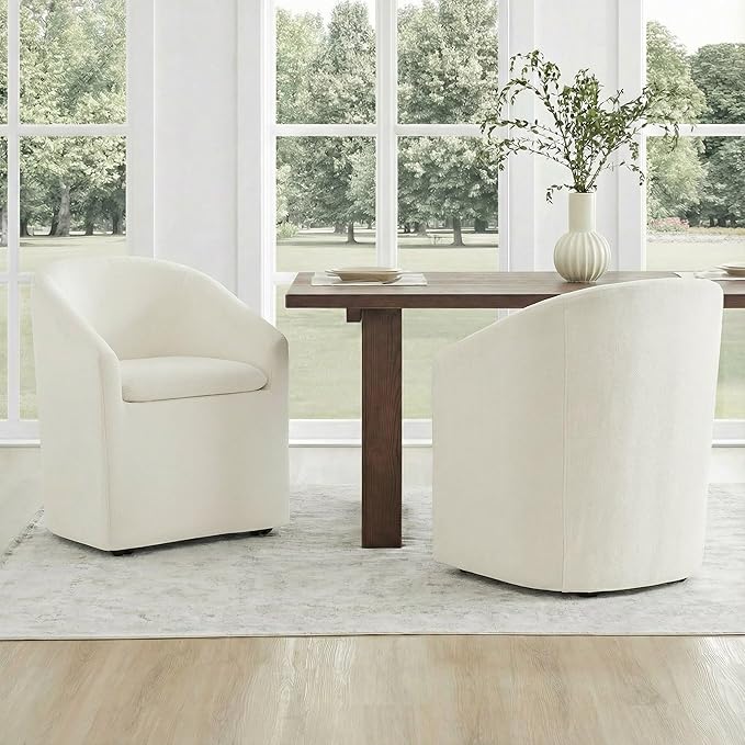 KISLOT Upholstered Dining Chairs Set of 2 with Casters, Modern Side Barrel Armchair with Washable Slipcover & Sturdy Metal Frame for Diningroom Bedroom Livingroom Reading Room, Beige Fabric