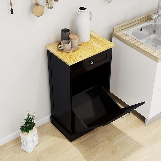 Ball & Cast Tilt-Out Trash Cabinet With One Drawer - Multifunctional White Hidden Garbage Can for Kitchen, Bathroom and Living Room - Wooden, Black