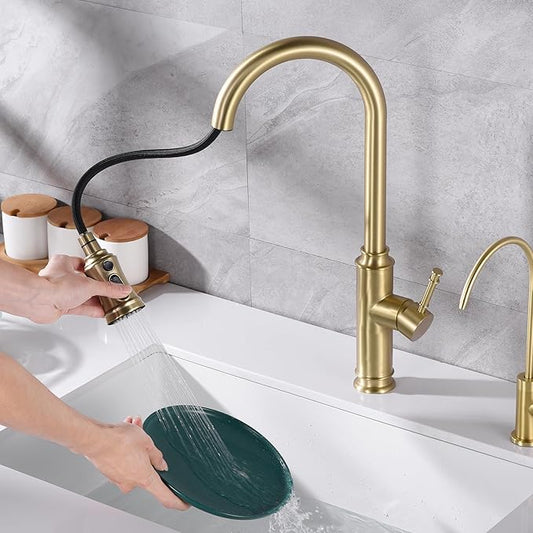 SUMERAIN Kitchen Faucet with Pull Out Sprayer Brushed Gold Single Handle High Arc Pull Down Kitchen Sink Faucet Stainless Steel