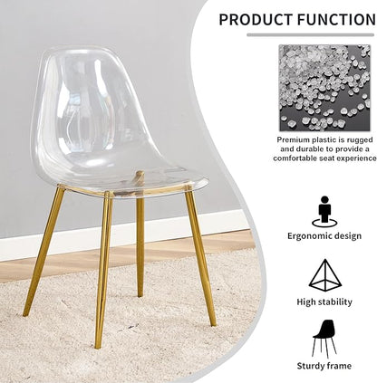 Round Glass Dining Table Set with 4 Transparent Plastic Chairs, 42 Inch Diameter Clear Tempered Glass Top with Gold Metal Legs, Contemporary Aesthetic for Dining Room and Kitchen