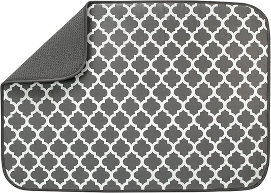 S&T INC. Dish Drying Mat XL, 18” x 24”, Absorbent Microfiber Kitchen Counter Mat, Dish Drying Pad for Dishes, Utensils, Pots and Pans, Extra Large, Pewter Grey Trellis