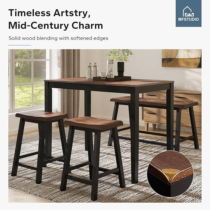 MFSTUDIO Dining Table Set for 4, Counter Height Table and Chairs, Kitchen Table Set with Bench, Breakfast Bar Table and Chairs Set Space Saving, Walnut & Black