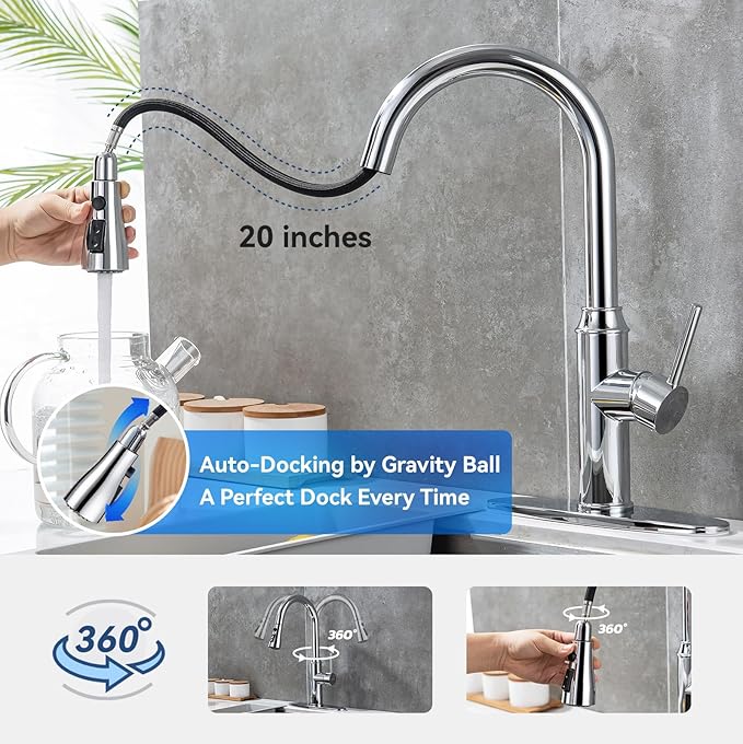 Kitchen Faucet with Pull Down Sprayer, Chrome Faucet for Kitchen Sink Stainless Steel Kitchen Faucets, Single Handle 1 or 3 Hole Faucet with Escutcheon for RV, Outdoor, Laundry & Bathroom Sink