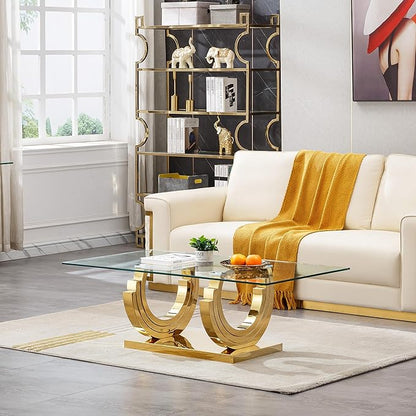 Modern Glass Coffee Table, 51" Sofa Coffee Table with Gold Stainless Steel Frame and Clear Glass Top, Rectangular Cocktail Table Accent Centre Table for Living Room