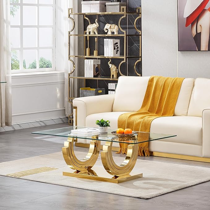Glass Living Room Table Set of 4, Modern Glass Coffee Table with 1 Console Tables & 2 End Tables Set for Apartment, Luxury Coffee Tables Sets Perfect for Living Room, Stainless Steel Frame