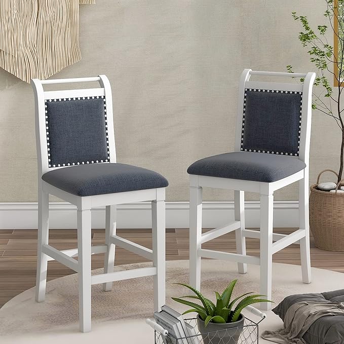 RUNNA Farmhouse 3-Piece Counter Height Dining Table Set with 2 Upholstered Chairs and Extendable Drop Leaf,Wood Kitchen Table for Small Place Use (White#A)