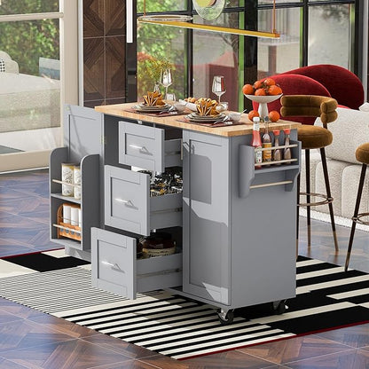 Rolling Kitchen Island with Storage, Kitchen Cart with Rubber Wood Top,3 Drawer,2 Slide-Out Shelf and Internal Storage Rack, Kitchen Island on Wheels with Spice Rack & Tower Rack (Grey-Blue~09)