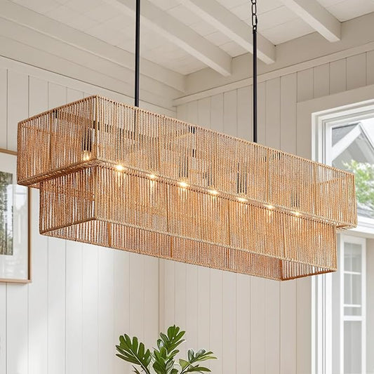 40" Rattan Chandelier for Dining Room, 8-Light Boho Rectangular Chandelier 2 Layer Linear Chandelier Large Farmhouse Kitchen Island Lighting for Rectangle Table