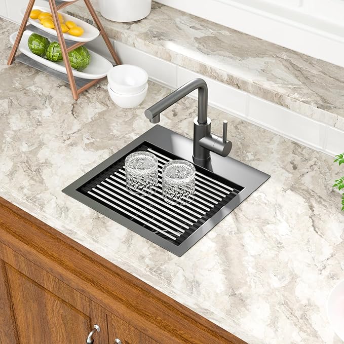 Mocoloo 15 Inch Black Bar Sink with Faucet, 16 Gauge Drop in Workstation Sink - 15x15x9" Stainless Steel Single Bowl Small Rv Kitchen Sink with Pull-Out Faucet