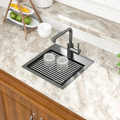 Mocoloo 15 Inch Black Bar Sink with Faucet, 16 Gauge Drop in Workstation Sink - 15x15x9" Stainless Steel Single Bowl Small Rv Kitchen Sink with Pull-Out Faucet