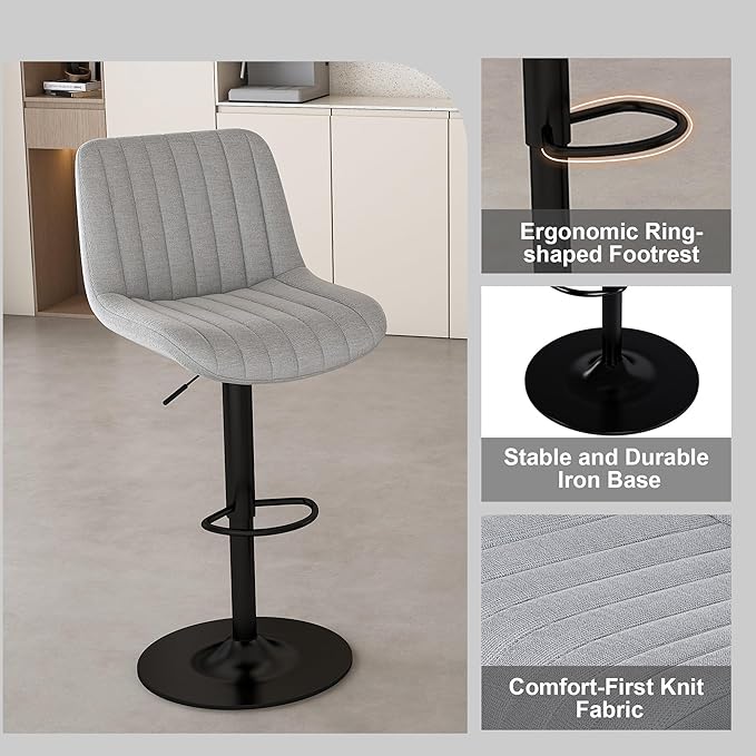 Set of 2 Grey Swivel Bar Stools,Adjustable Height (35.03-43.7”), Soft Knit Polyester Seat/Backrest,Iron Frame, 360° Rotation, Ergonomic Lumbar Support,for Kitchen Island/Bar Counter/Dining Room