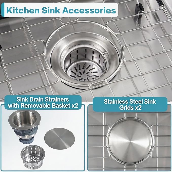 LQS Kitchen Sink 31x18, 31 Inch Undermount Kitchen Sink Double Bowl, Stainless Steel Sink and 50/50 Double Bowl with Two Sink Grids and Two Sink Strainers
