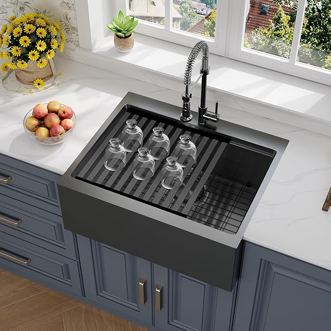 Rhbamoa Black Farmhouse Sink 28 inch,16 Gauge T304 Stainless Steel Drop in Farm Sinks,Black Single Bowl Apron Front Kitchen Farm Sink,Deep Topmount Workstation Sinks with All Accessories