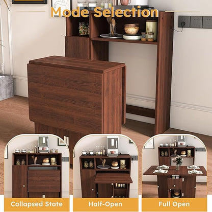 Multifunctional Convertible Folding Dining Table with Integrated Sideboard Storage Cabinet Power Outlets USB Ports Drop Leaf Expandable Rolling Kitchen Island Workspace Console Desk Hutch (Walnut)