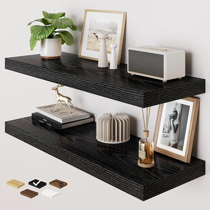 RICHFOCUS Deep Floating Shelves for Wall 2 Pack 12" D 36 Inch Wall Shelves for Room Wall|Wood Hanging Shelf with Invisible Brackets for Bathroom Bedroom Kitchen Laundry Room, Black