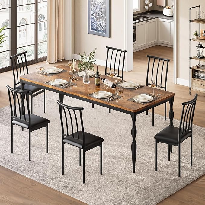 IDEALHOUSE 71 Inch Farmhouse Dining Table for 6-8 People, Rectangular Wood Kitchen Table with Heavy Duty Legs, Kitchen Dining Room Table for Dining Room Kitchen, Brown