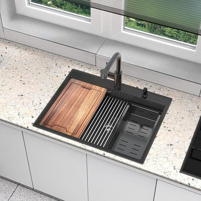 28inch Black Kitchen Sink Drop In - Feibus 28x22x10 with Double Step Workstation Sink 16 Gauge Honeycomb Embossment Stainless Steel Single Bowl