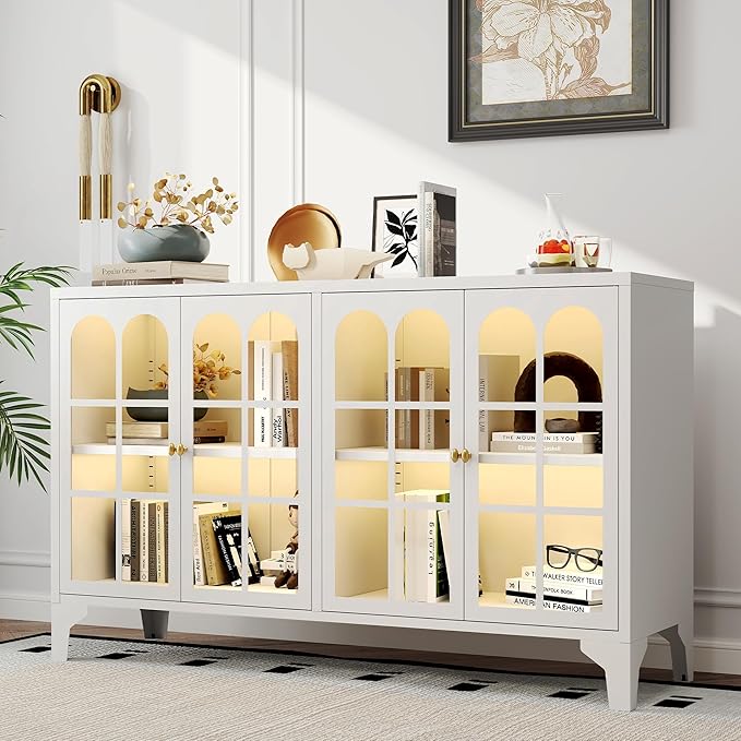 Foreate Sideboard Buffet Cabinet with Glass Door & LED Light, 53.2" Large Buffet Cabinet with Storage & Adjustable Shelf, Farmhouse Sideboard Credenzas Metal Kitchen Buffet, White