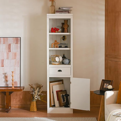 Merax 75" Tall Storage Cabinet 19.5" Narrow Cabinet with 1 Drawer & 1 Door & 2 Open Shelves, Retro White MDF Display Cabinet for Living Room Kitchen Bathroom Home Office