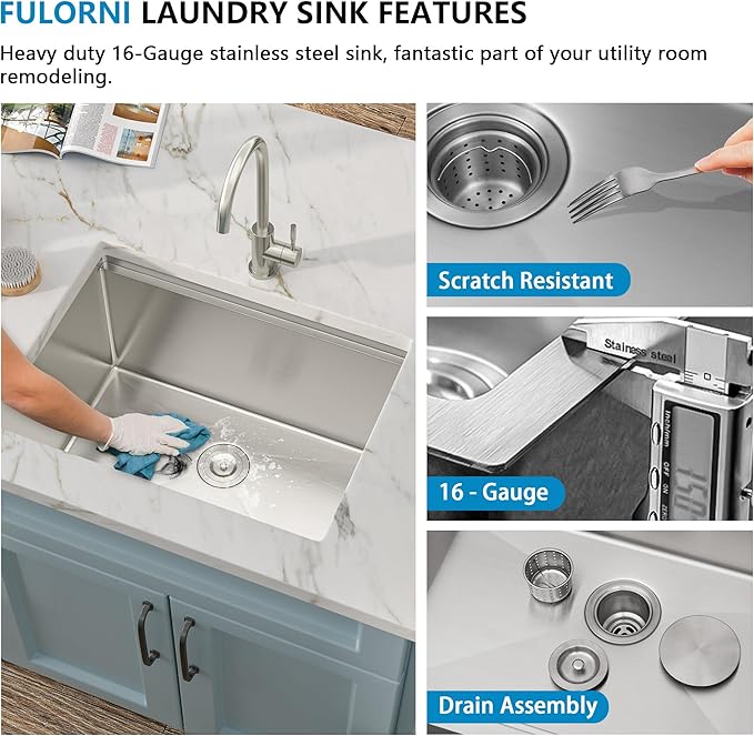 23"x19" Undermount Laundry Utility Sink Workstation – 16 Gauge 304 Stainless Steel, 13 Inch Deep Single Bowl Under Counter Sink Basin for Laundry Room, RV or Utility Use