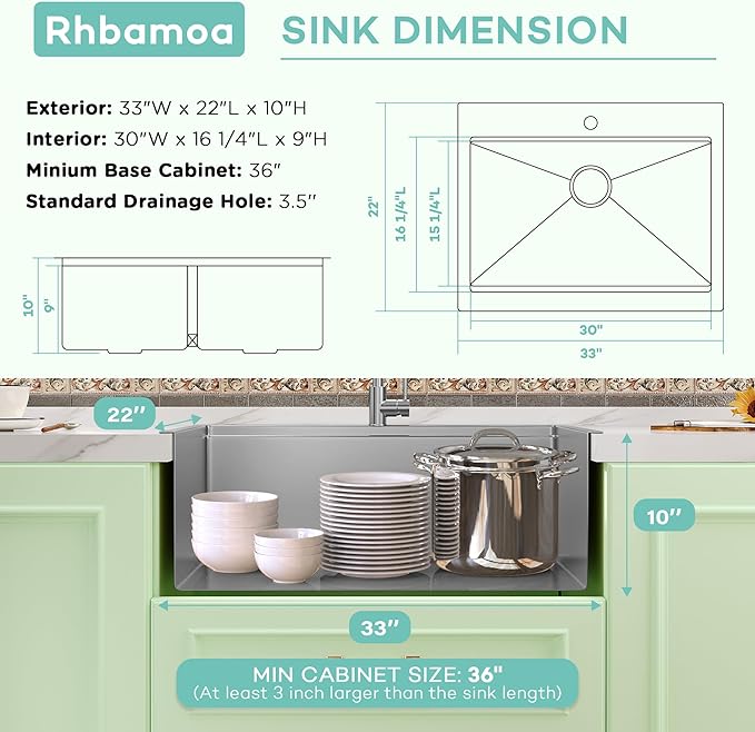 Rhbamoa 33 inch Stainless Steel Farmhouse Sink,16-Gauge T304 Stainless Steel Single Bowl Apron Front Kitchen Farm Sink,10 Inch Depth Topmount Farmhouse Kitchen Sinks with All Accessories