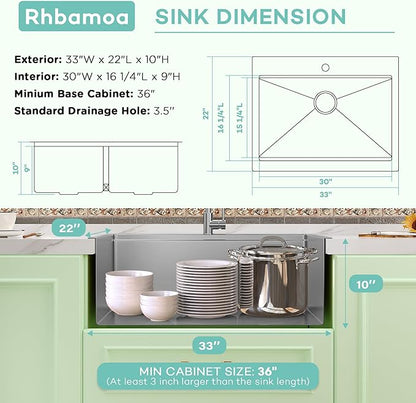 Rhbamoa 33 inch Stainless Steel Farmhouse Sink,16-Gauge T304 Stainless Steel Single Bowl Apron Front Kitchen Farm Sink,10 Inch Depth Topmount Farmhouse Kitchen Sinks with All Accessories