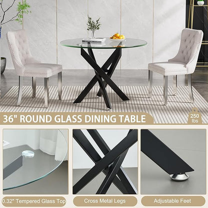 36" Round Dining Table for 4, Modern Clear Glass Kitchen Table for 4 with Black X Metal Legs, Contemporary Small Circle Dining Room Leisure Tables for Kitchen Apartment